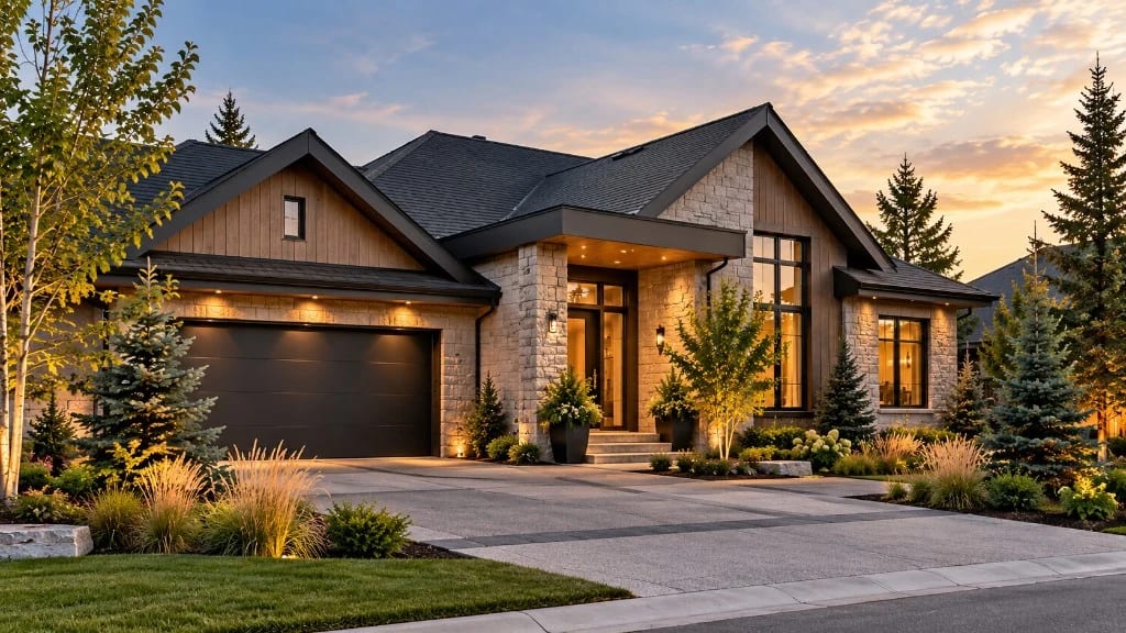 Luxury custom home with pitched roof, stone exterior and attached garage.