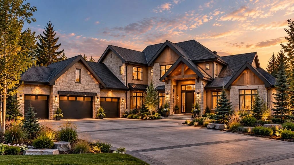 Large estate home with multiple pitched rooflines and landscaped arrival.