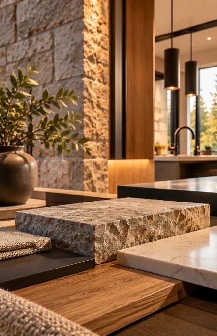 Interior detail combining natural stone, warm wood and refined finish work.