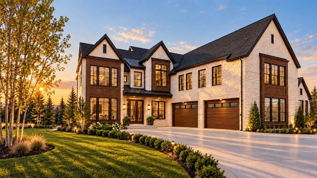 White masonry gabled estate with timber accents, warm window light and birch trees at golden hour